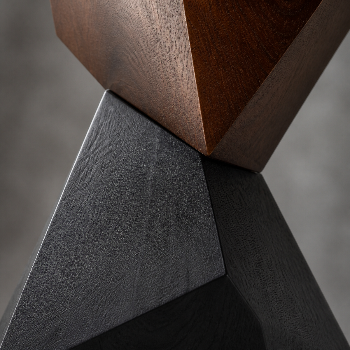 Prism Balance, abstract teak wood sculpture — wood grain and carved detail