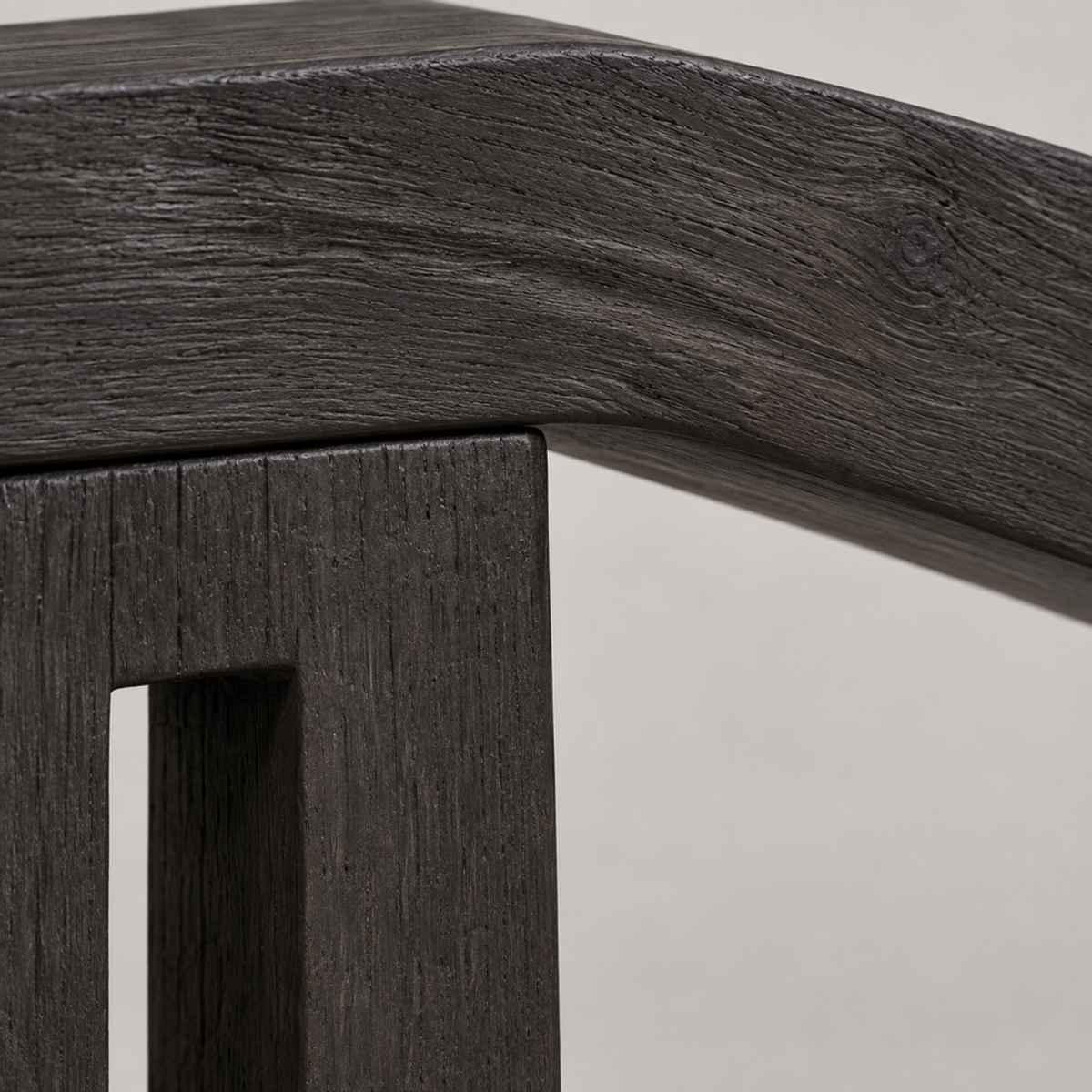 Cranked Beam, teak wood floor sculpture — wood grain and carved detail