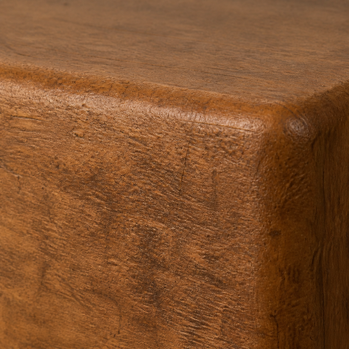 Double Span, teak wood console sculpture — wood grain and carved detail