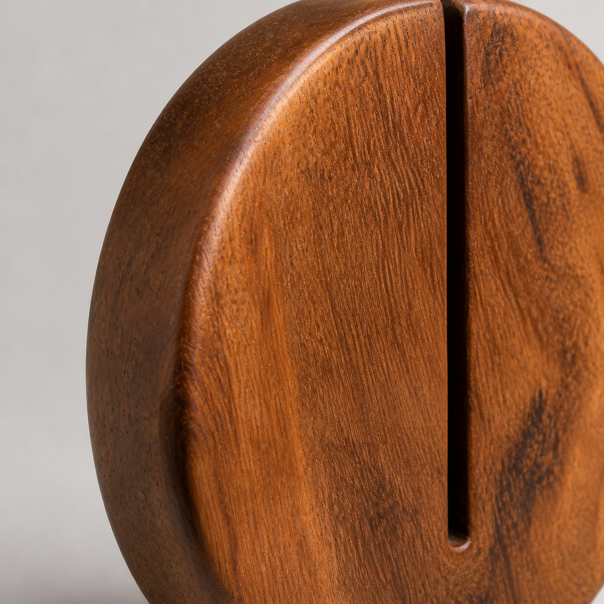 Split Disc Study, teak wood tabletop sculpture — wood grain and carved detail