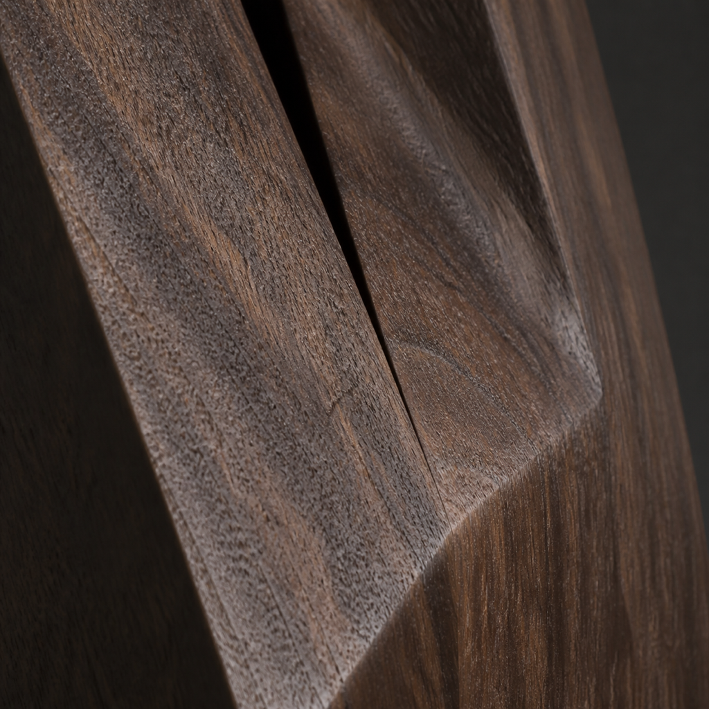 Torque Study, abstract teak wood sculpture — wood grain and carved detail