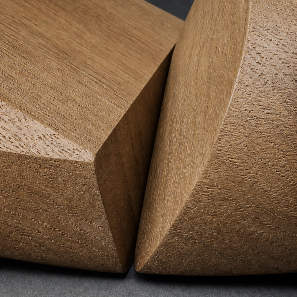 Nucleus Pair, teak wood tabletop sculpture — wood grain and carved detail