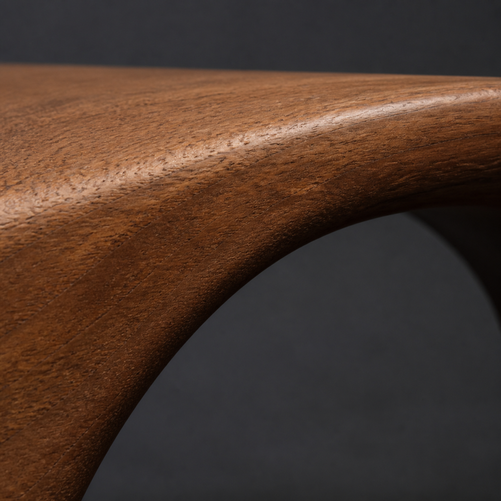 Arc Lintel, teak wood console sculpture — wood grain and carved detail