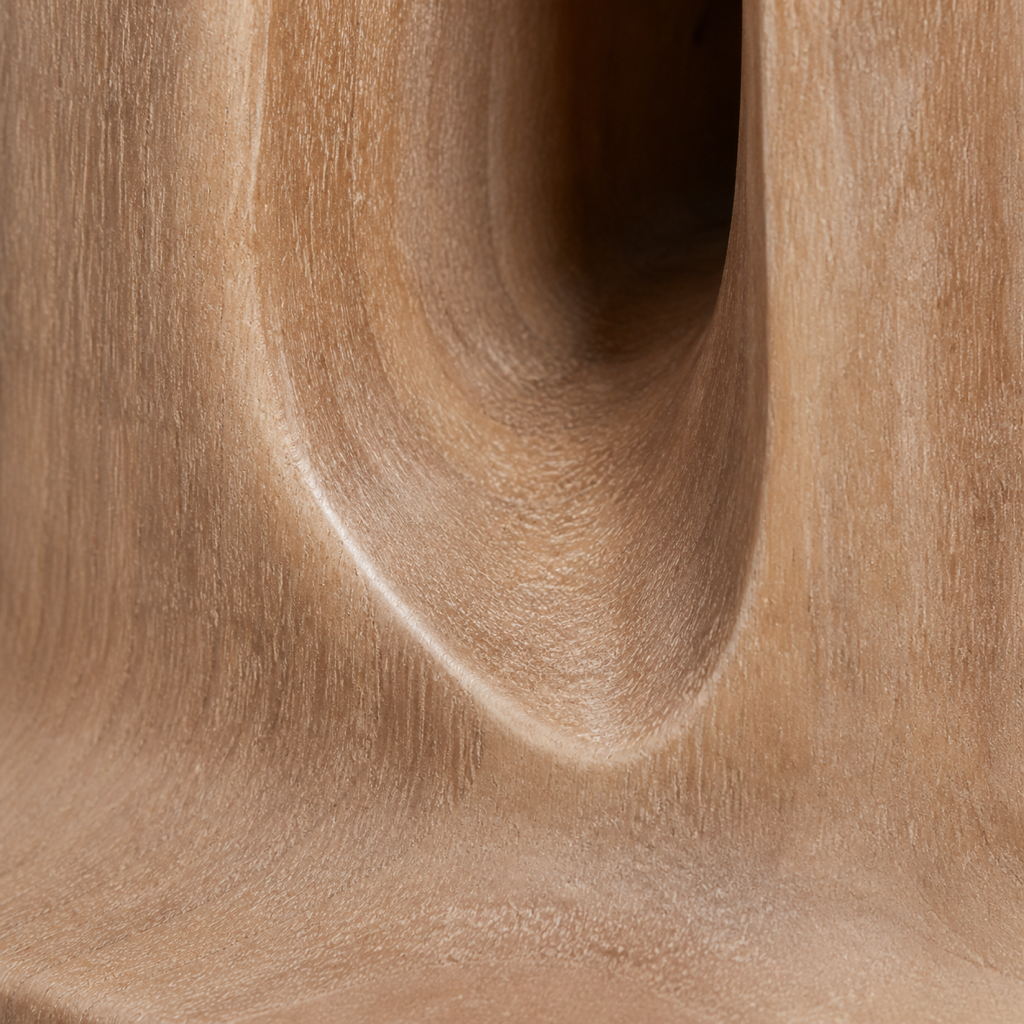 Veil Column, teak wood floor sculpture — wood grain and carved detail