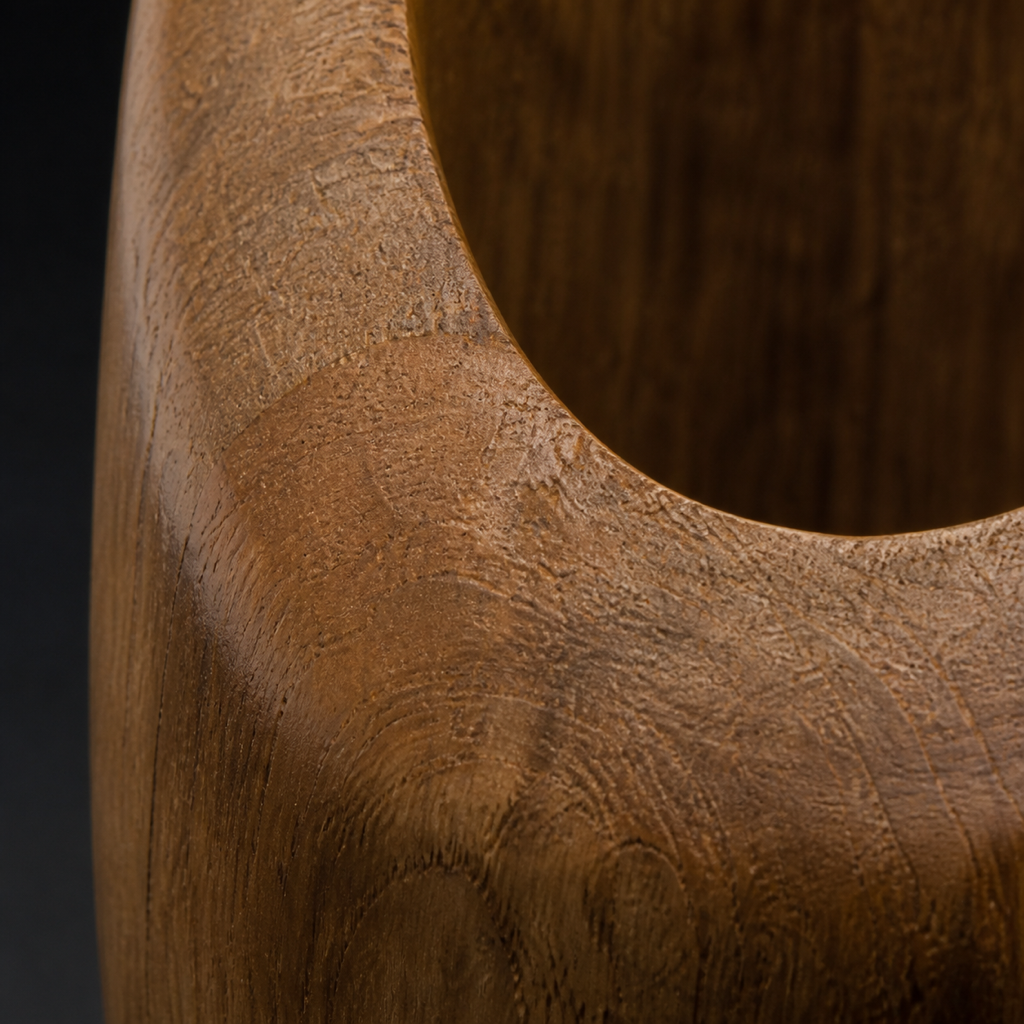 Lumen Plinth, abstract teak wood sculpture — wood grain and carved detail