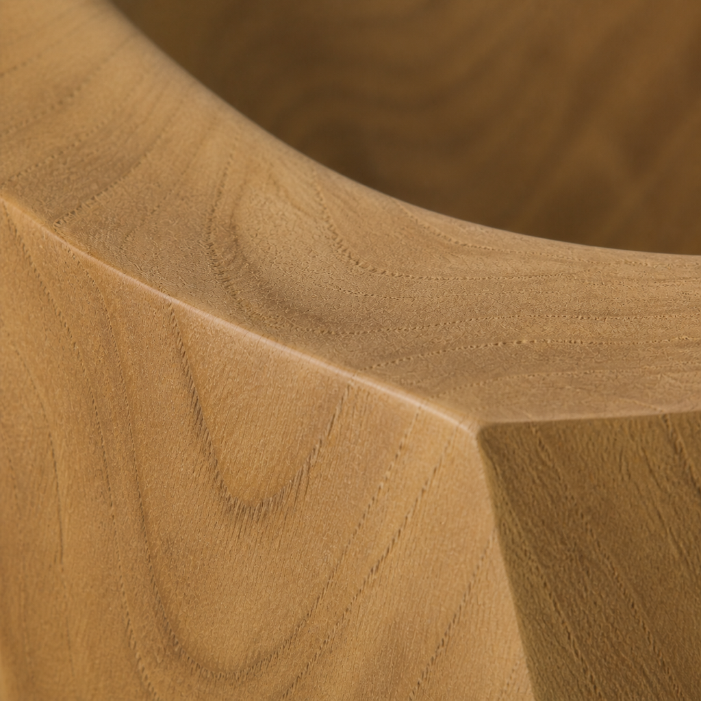Caldera Plinth, abstract teak wood sculpture — wood grain and carved detail