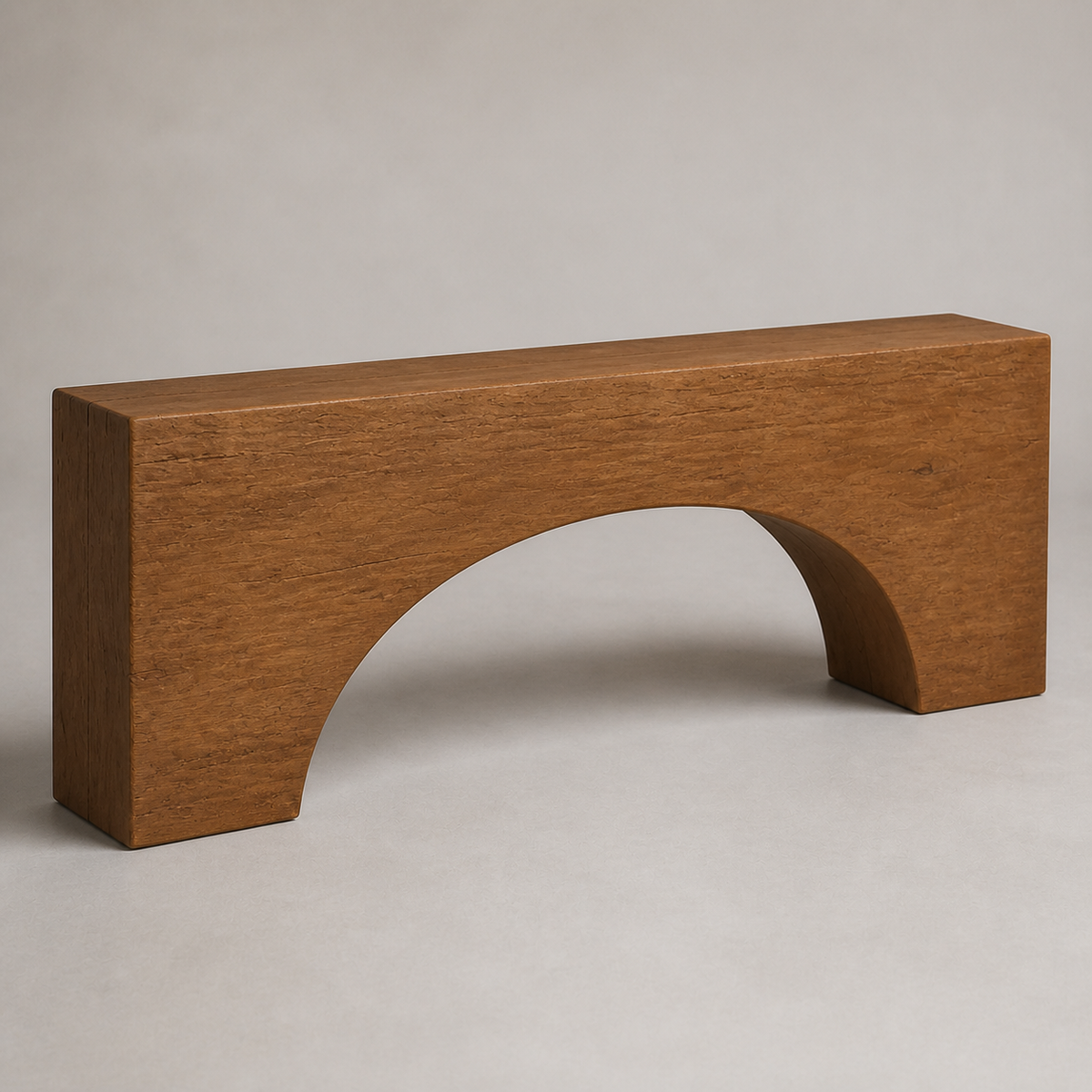 Bridge Trace, teak wood console sculpture — wood grain and carved detail