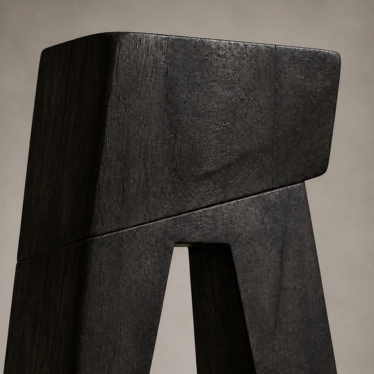 Sheared Portal, teak wood floor sculpture — wood grain and carved detail
