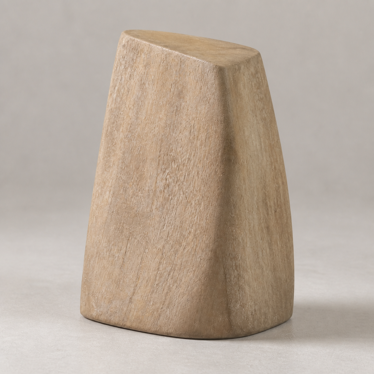Soft Quoin, abstract teak wood sculpture — wood grain and carved detail