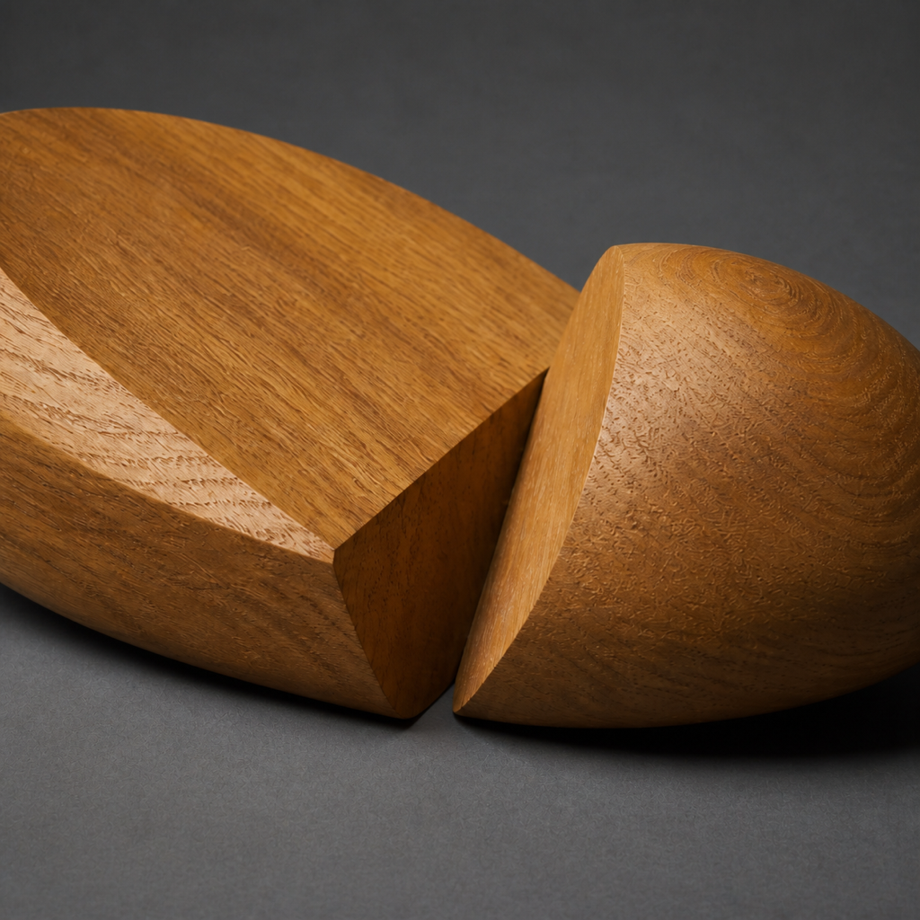 Nucleus Pair, teak wood tabletop sculpture — wood grain and carved detail