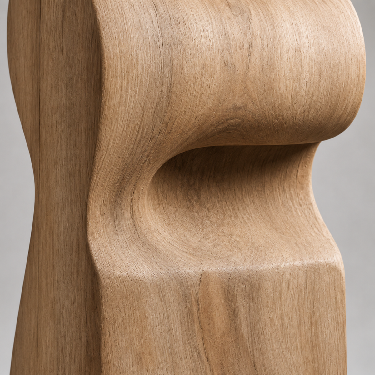 Overfold Column, teak wood floor sculpture — wood grain and carved detail