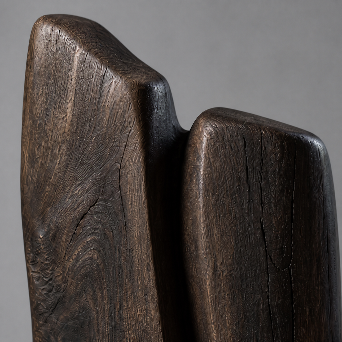 Crown Divide, teak wood floor sculpture — wood grain and carved detail
