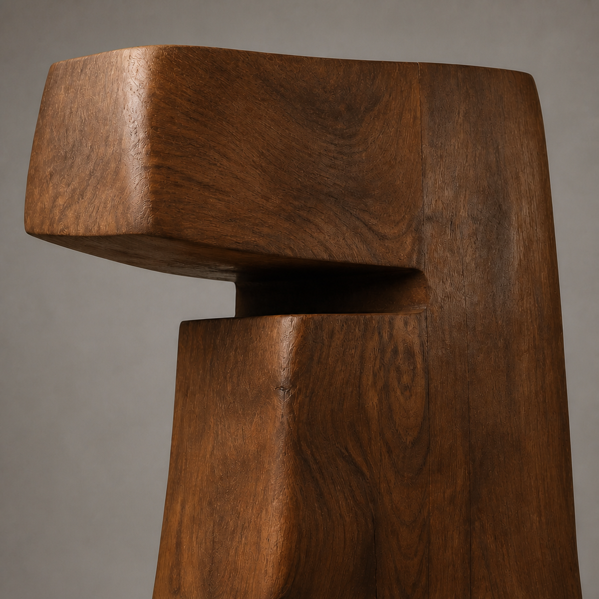 Overhang Monolith, teak wood floor sculpture — wood grain and carved detail