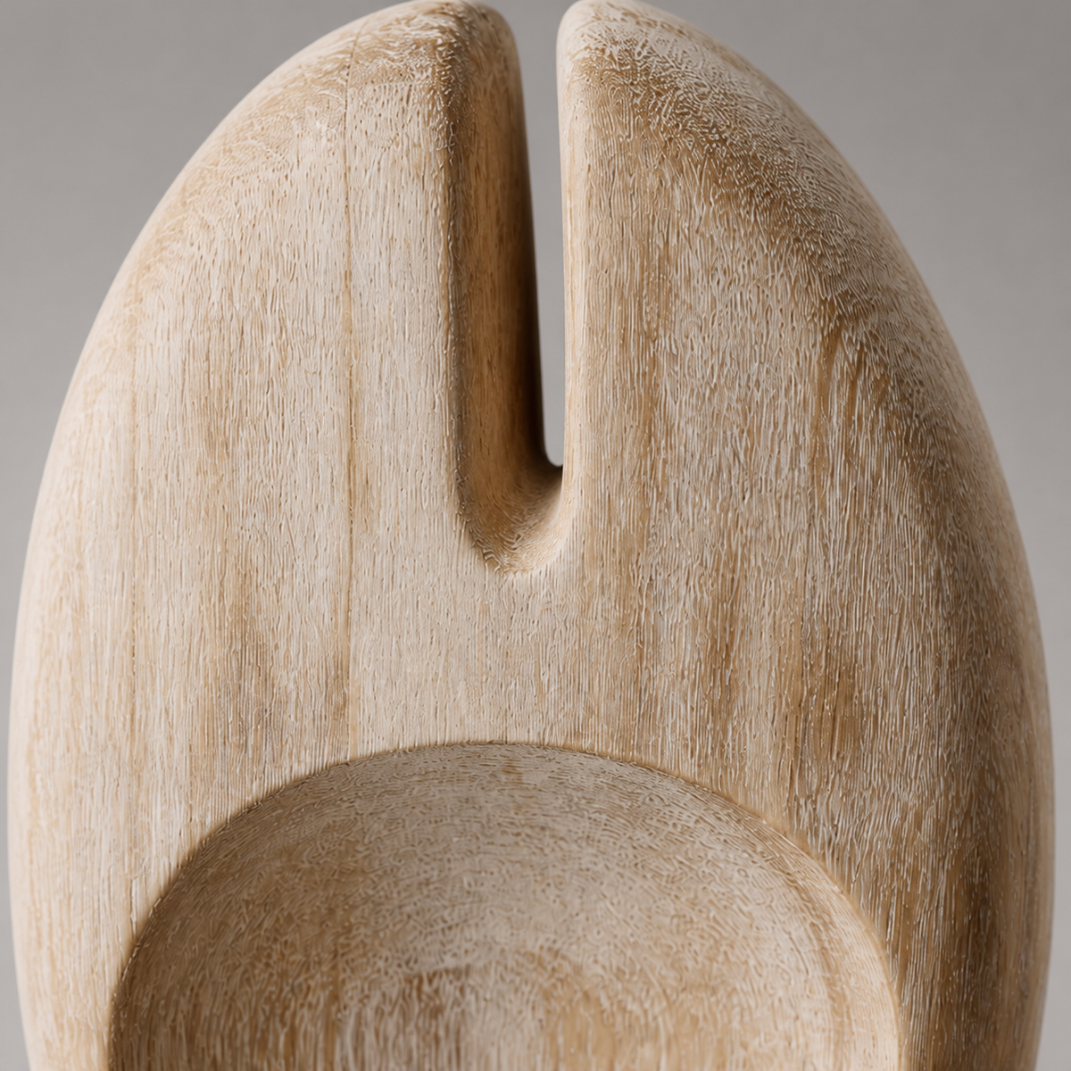 Split Vessel, abstract teak wood sculpture — wood grain and carved detail