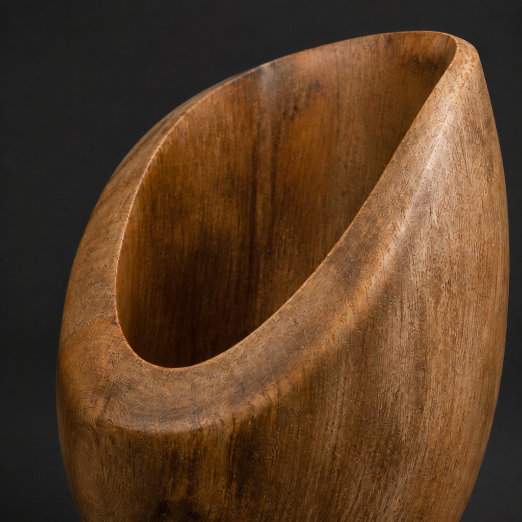 Lumen Plinth, abstract teak wood sculpture — wood grain and carved detail