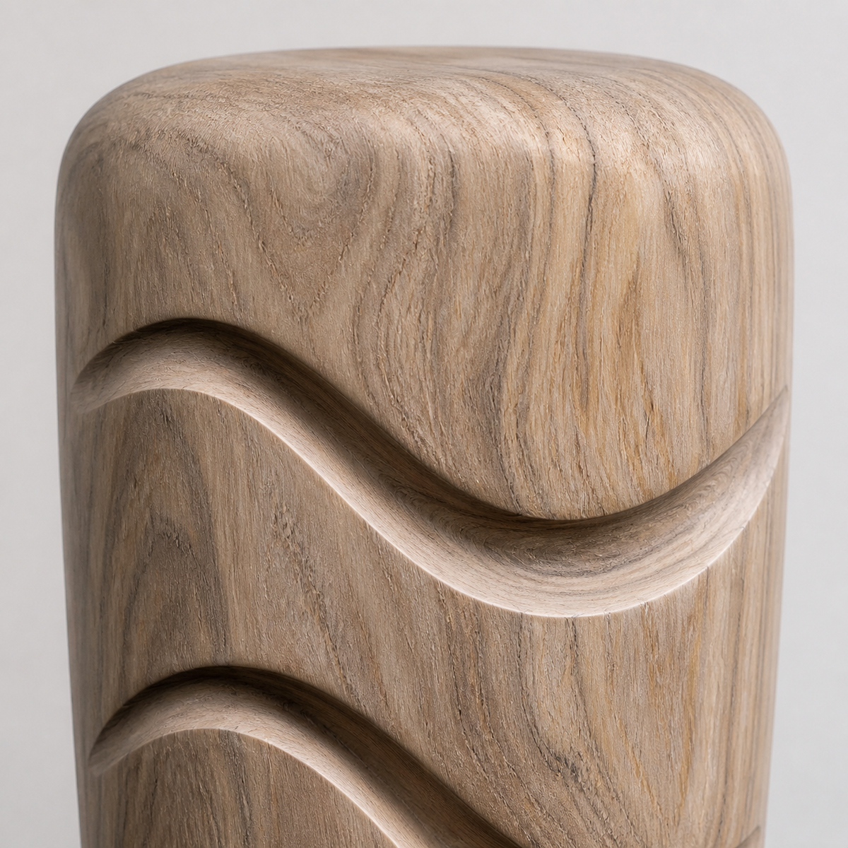 Tidal Column, teak wood floor sculpture — wood grain and carved detail