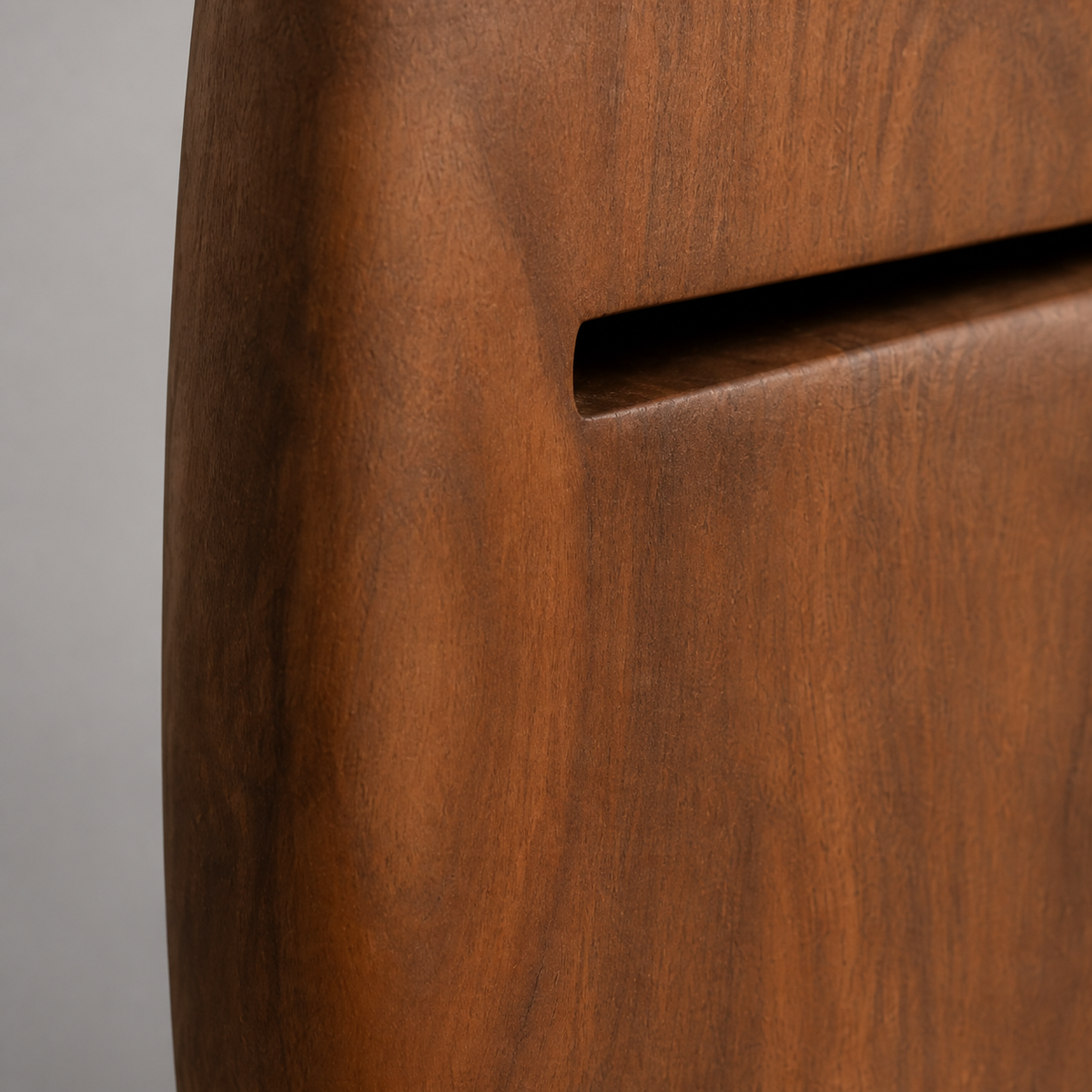 Faulted Crown, teak wood floor sculpture — wood grain and carved detail
