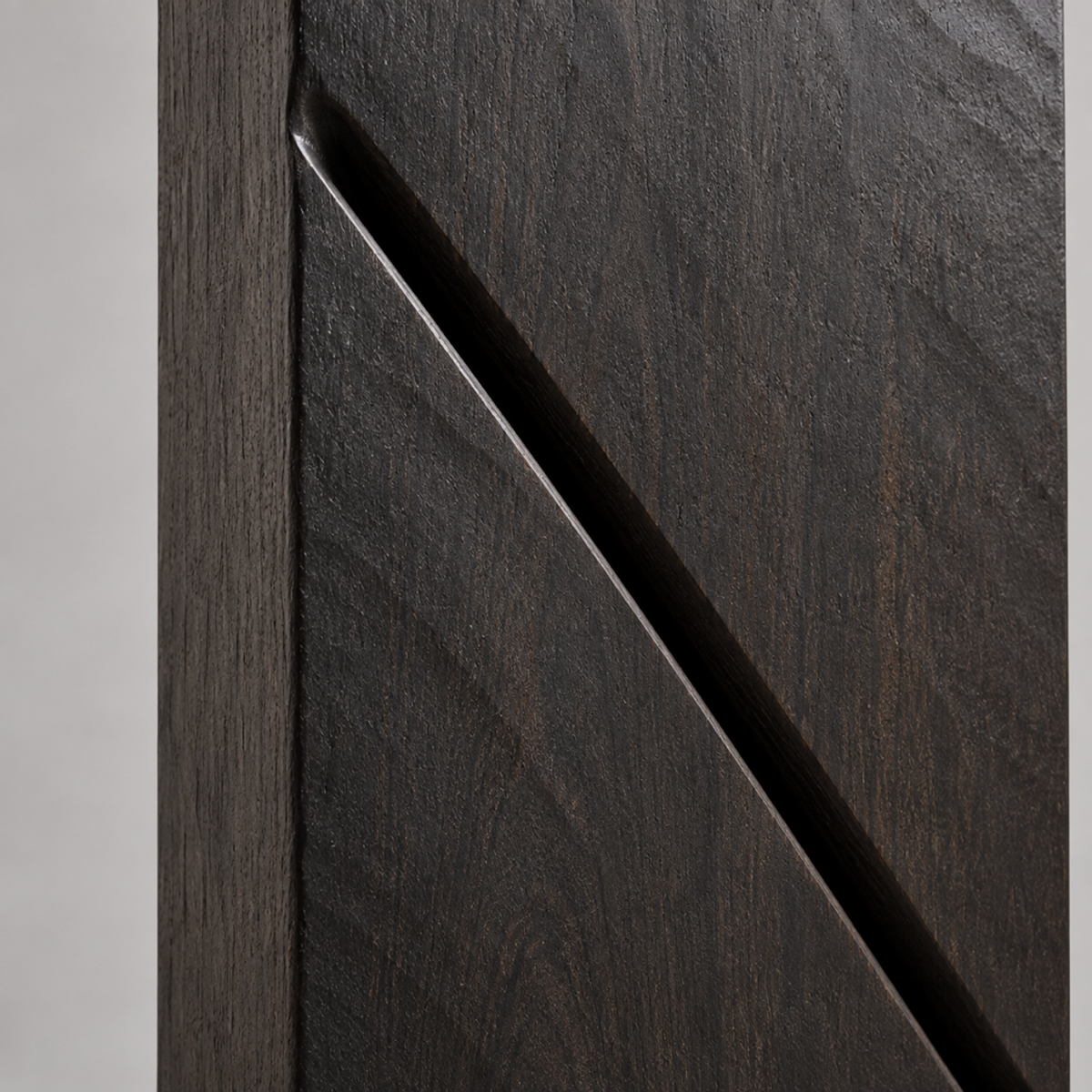 Bisected Tower, teak wood floor sculpture — wood grain and carved detail