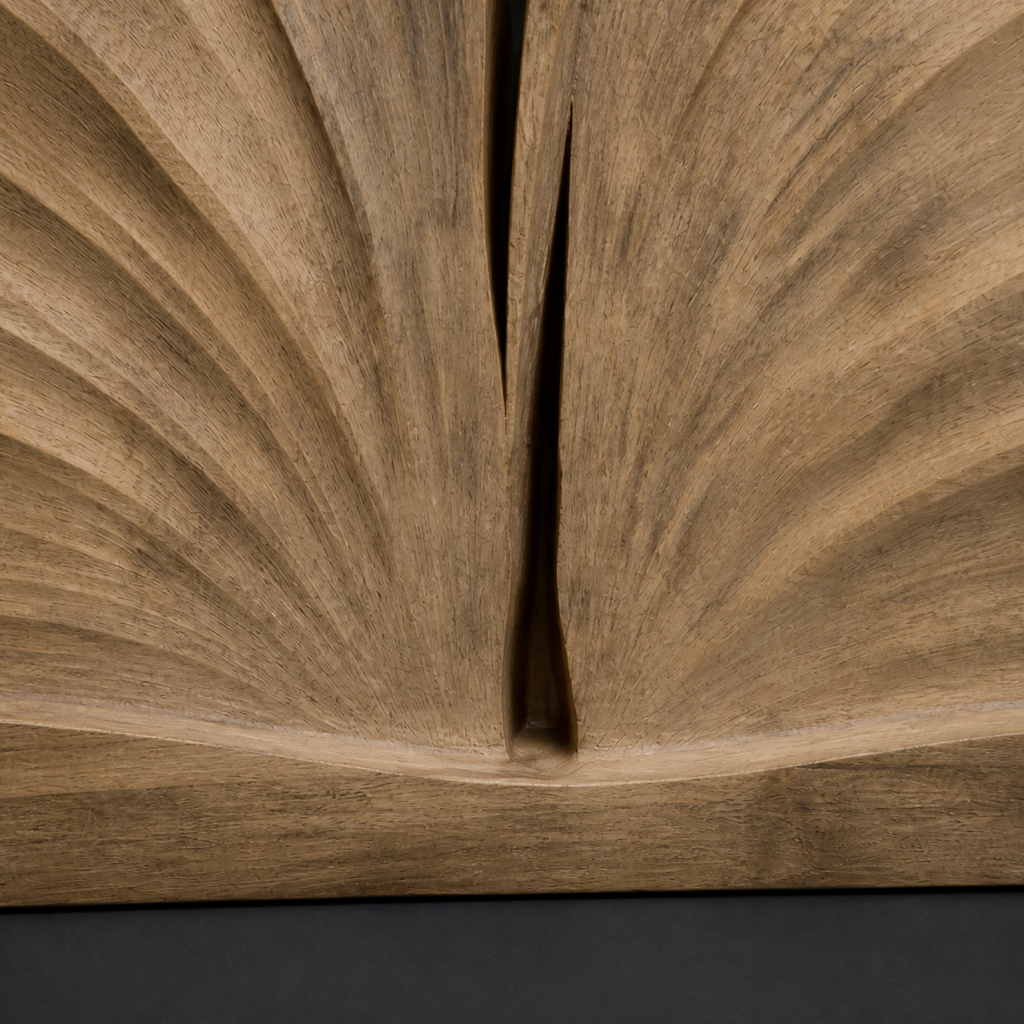 Axial Field, carved teak wood wall art — wood grain and carved detail