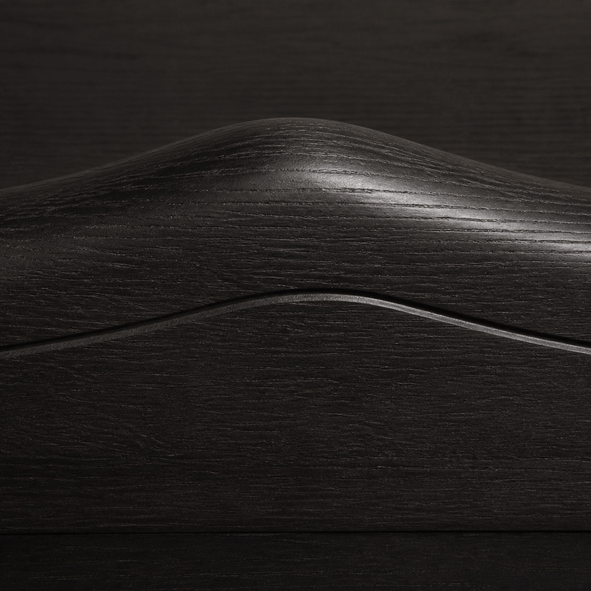 Low Tension, teak wood console sculpture — wood grain and carved detail