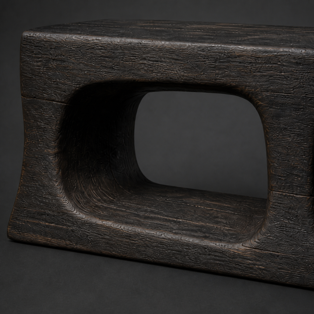 Cinder Span, teak wood console sculpture — wood grain and carved detail