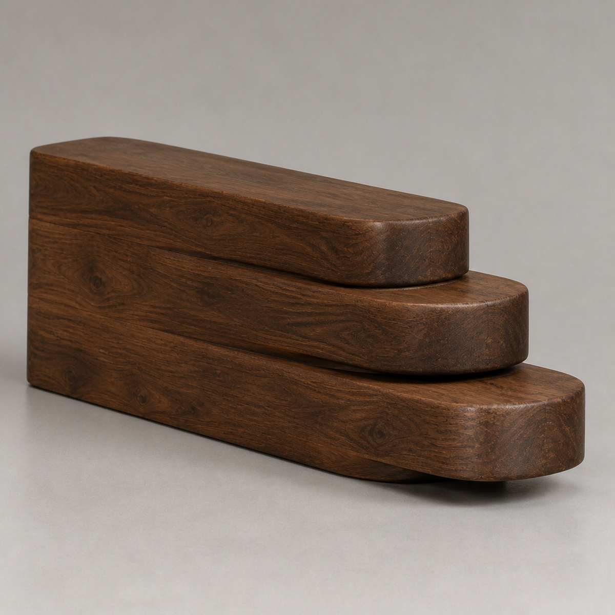 Layered Reach, teak wood console sculpture — wood grain and carved detail