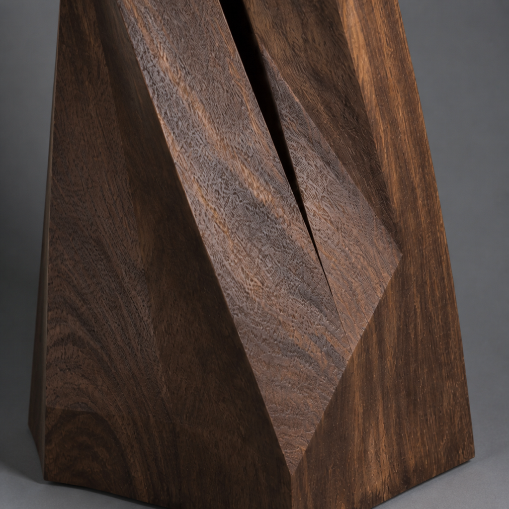 Torque Study, abstract teak wood sculpture — wood grain and carved detail