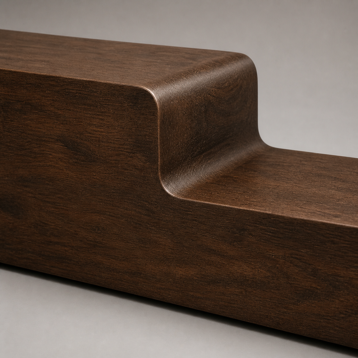 Folded Horizon Console, teak wood console sculpture — wood grain and carved detail