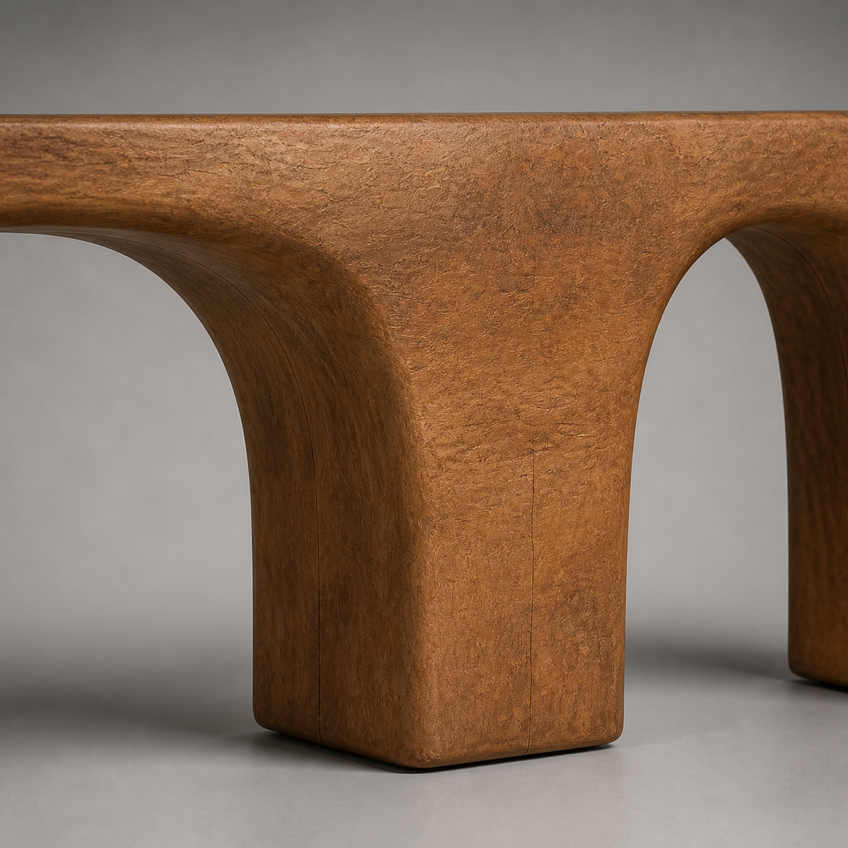 Double Span, teak wood console sculpture — wood grain and carved detail