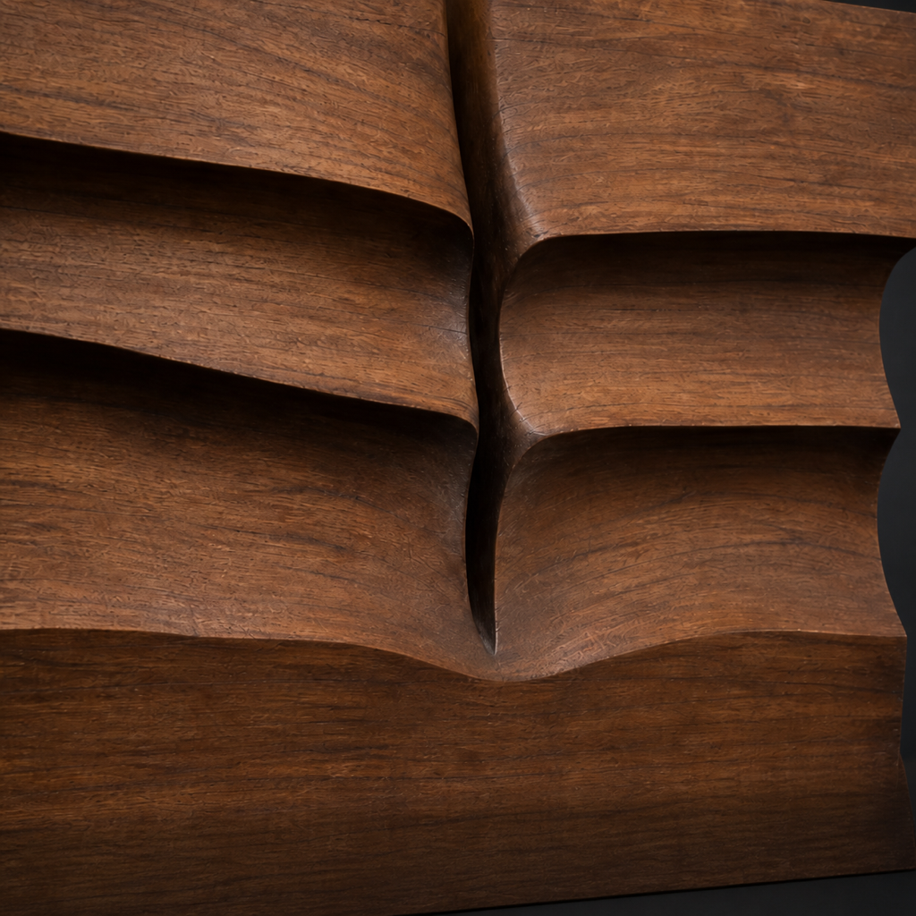 Strata Veil, carved teak wood wall art — wood grain and carved detail
