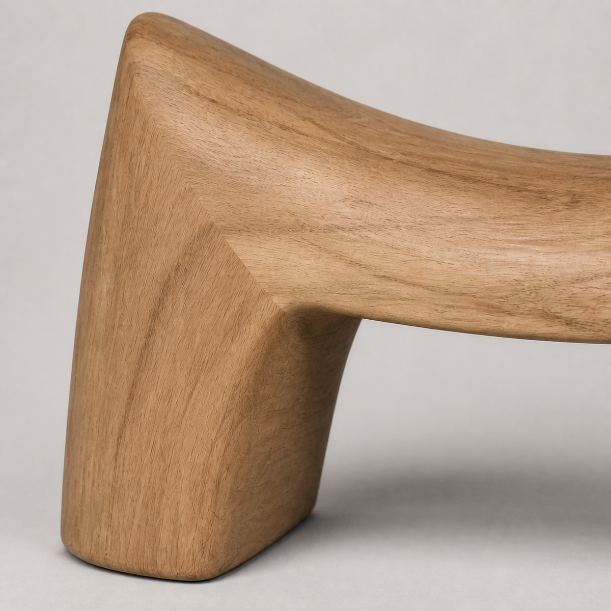 Arc Beam, teak wood console sculpture — wood grain and carved detail