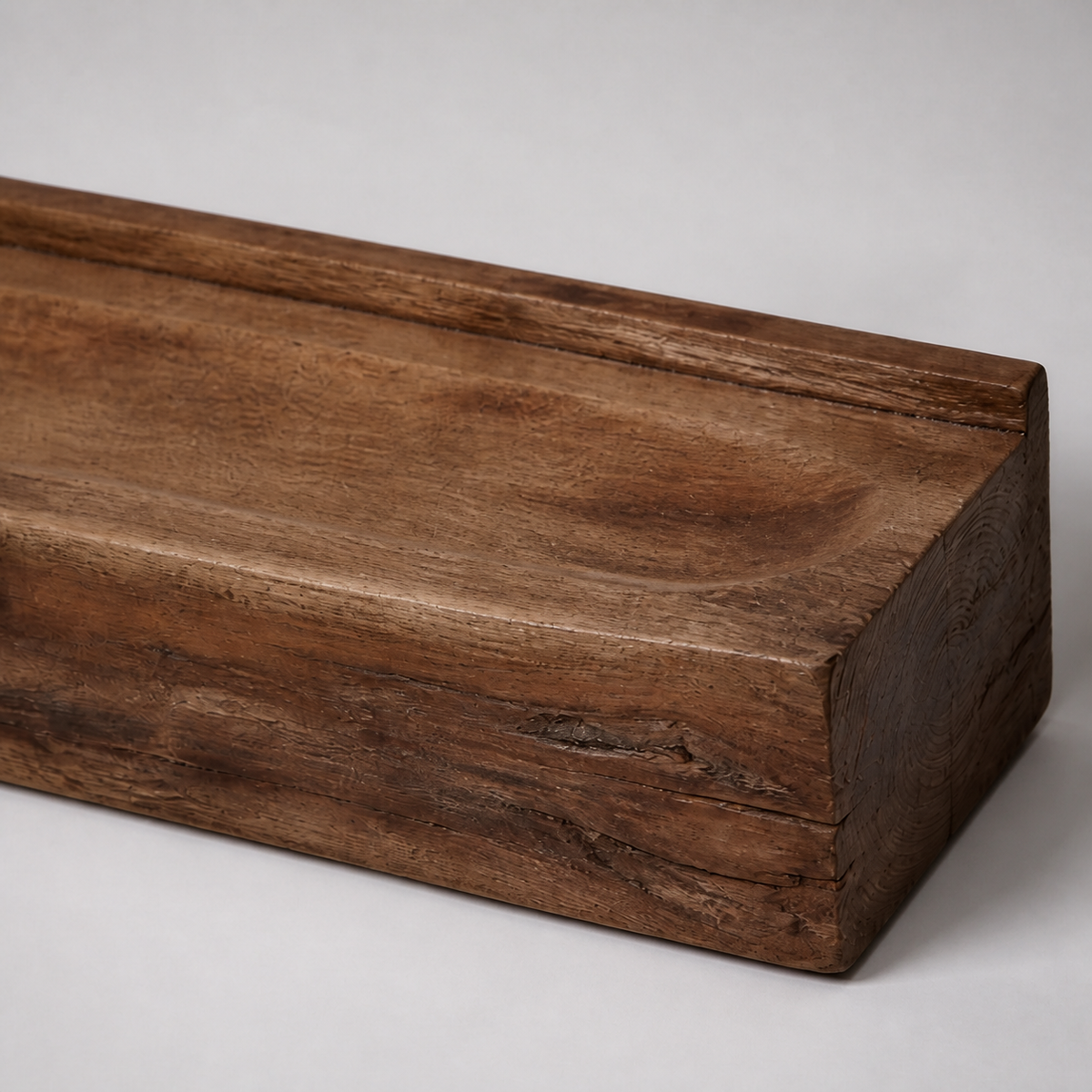 Silt Ledge, teak wood console sculpture — wood grain and carved detail