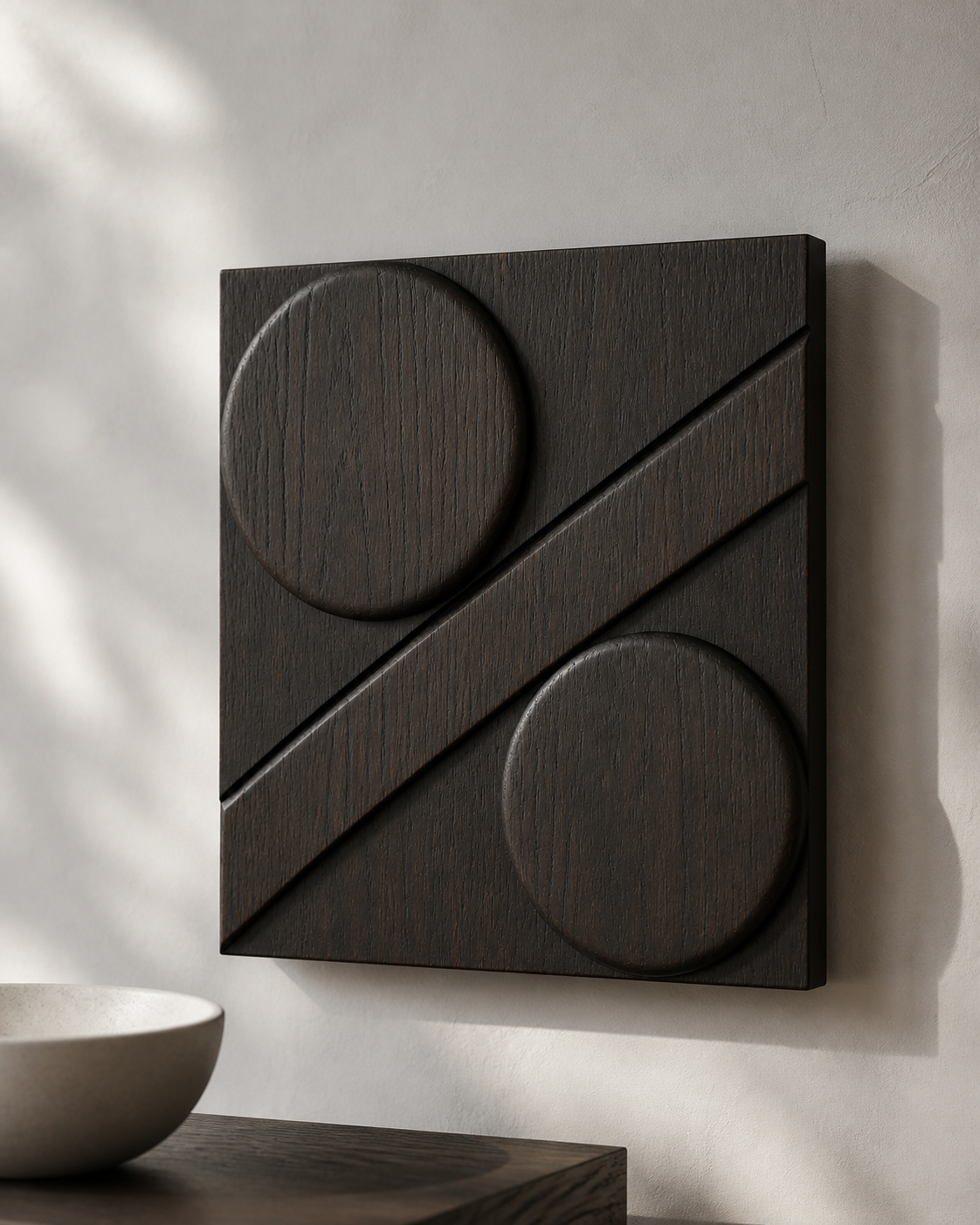 Eclipse Cut Relief, carved teak wood wall art — wood grain and carved detail