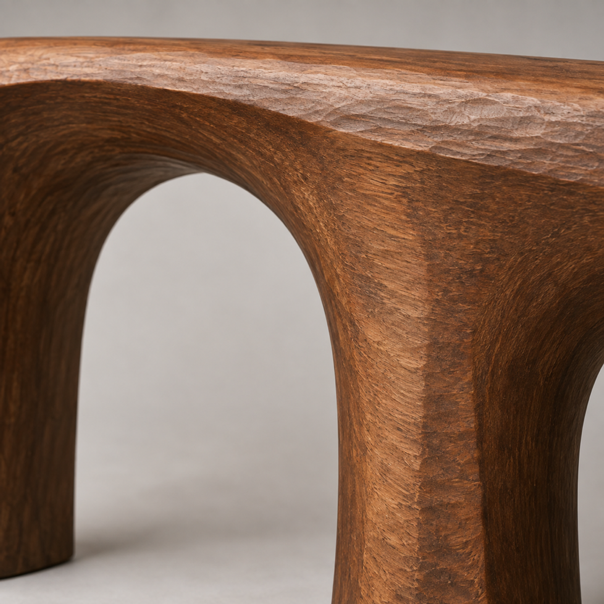 Split Viaduct, teak wood floor sculpture — wood grain and carved detail