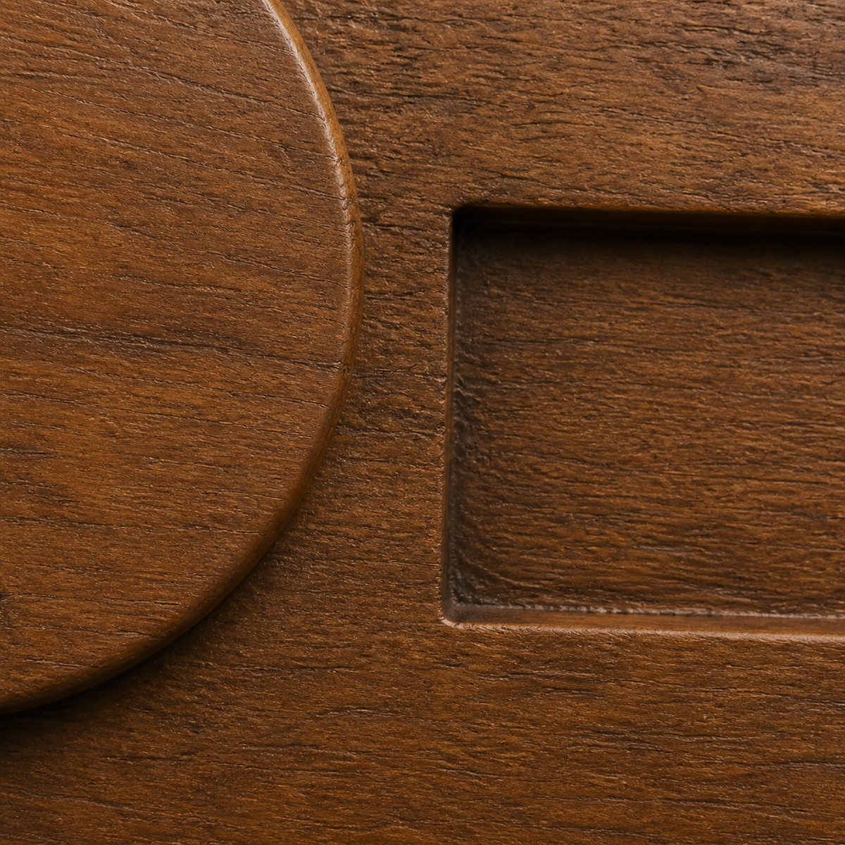 Counterweight Relief, carved teak wood wall art — wood grain and carved detail