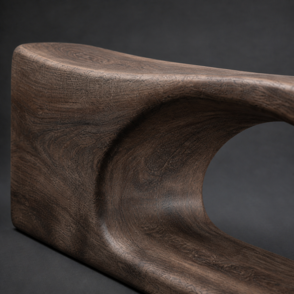 Arc Lintel, teak wood console sculpture — wood grain and carved detail