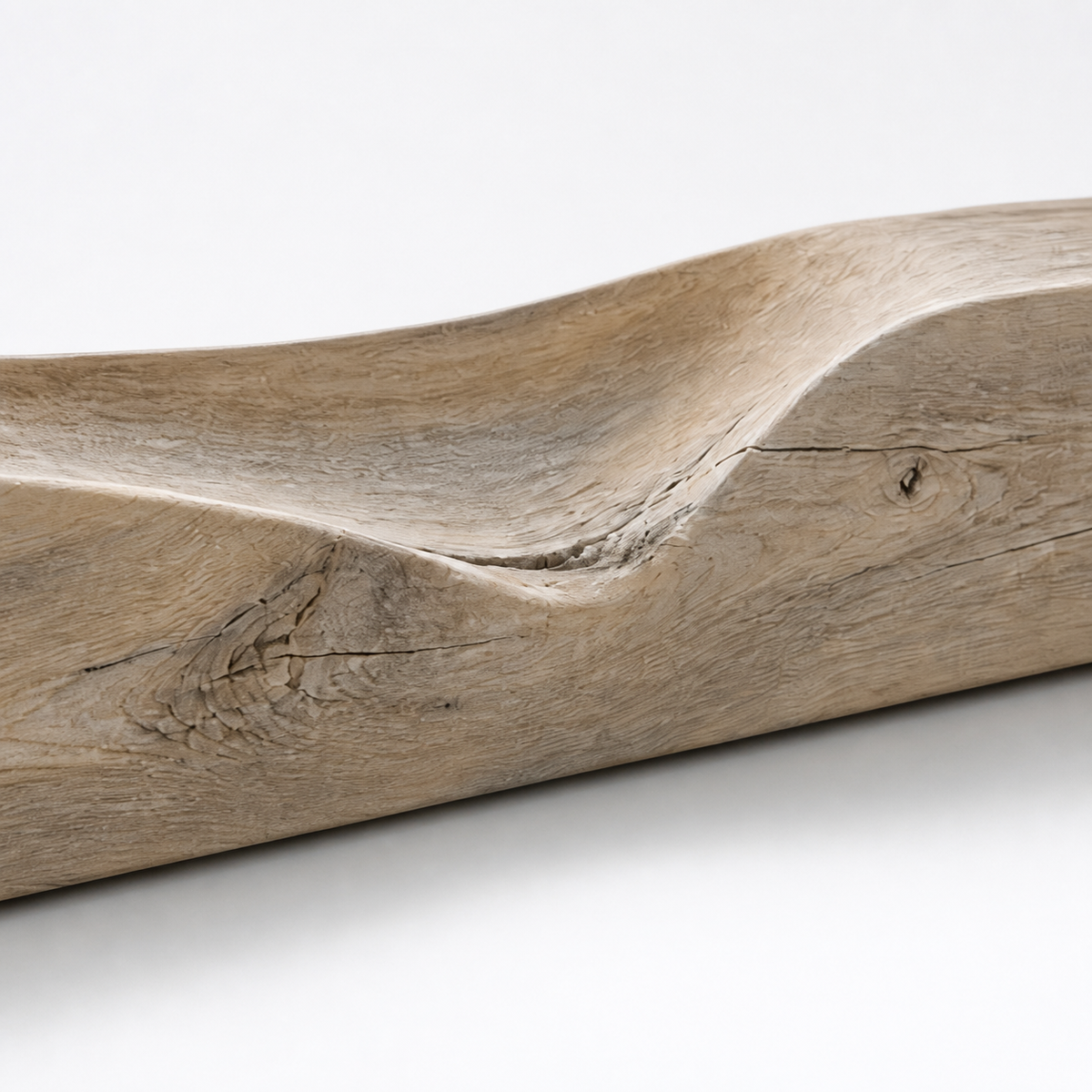 Threshold Beam, teak wood console sculpture — wood grain and carved detail