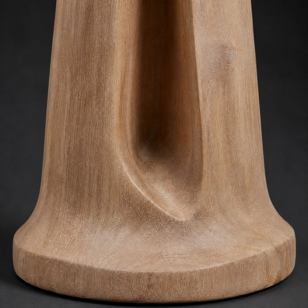 Veil Column, teak wood floor sculpture — wood grain and carved detail