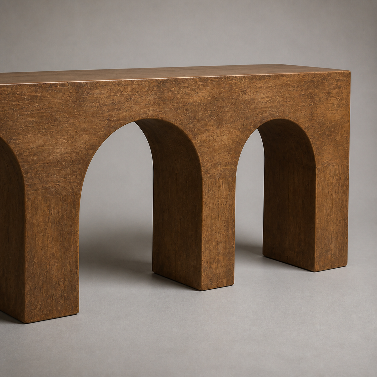 Triple Vault, teak wood console sculpture — wood grain and carved detail