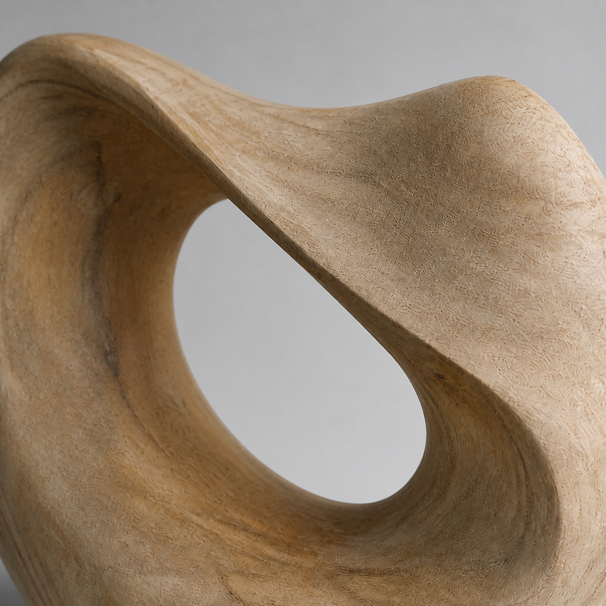 Folded Orbit, abstract teak wood sculpture — wood grain and carved detail