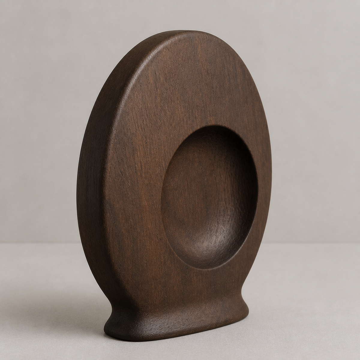 Pressed Orbit, abstract teak wood sculpture — wood grain and carved detail