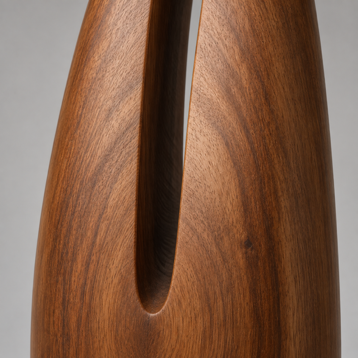 Split Pinnacle, teak wood floor sculpture — wood grain and carved detail