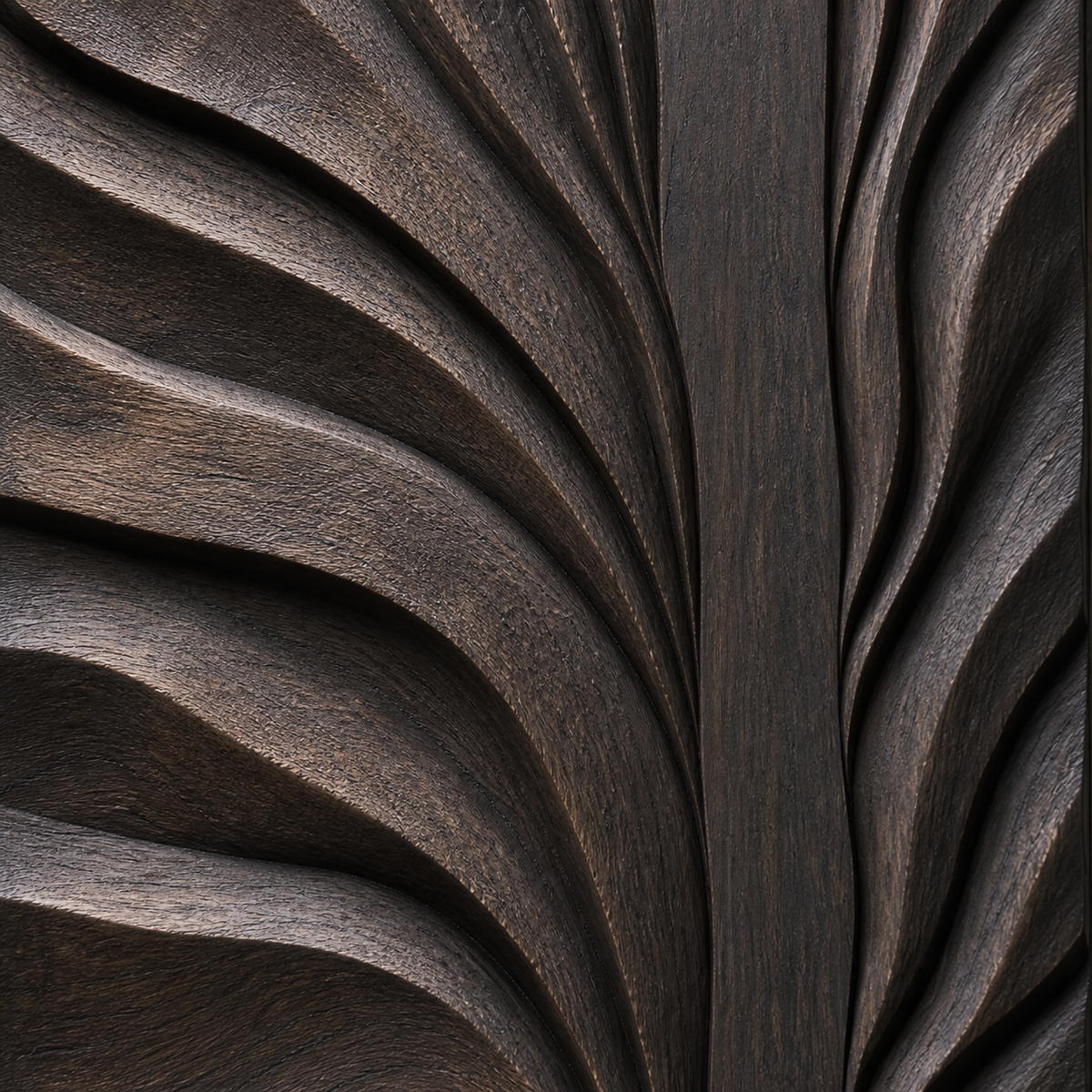 Confluence Relief, carved teak wood wall art — wood grain and carved detail