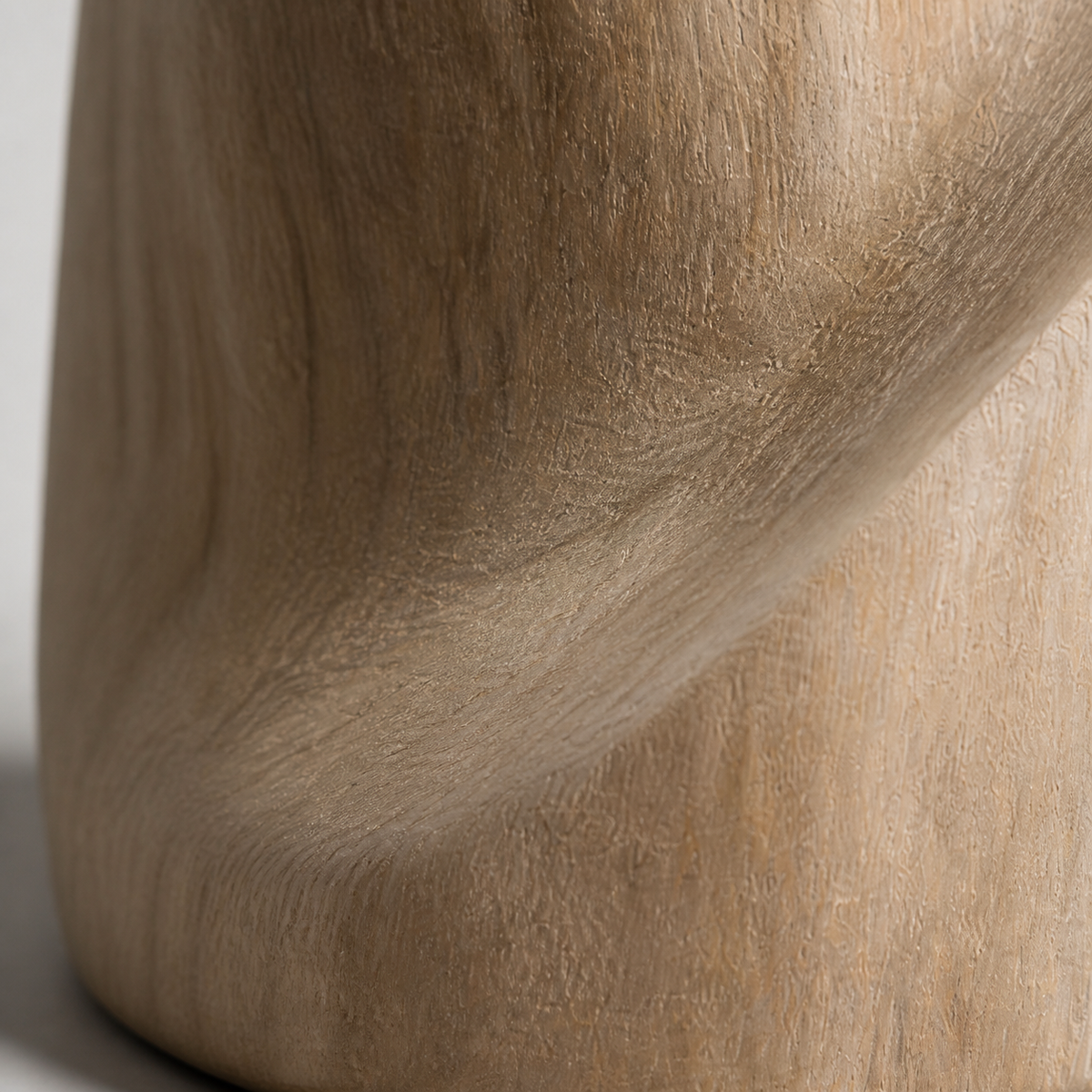 Balance Fold, abstract teak wood sculpture — wood grain and carved detail