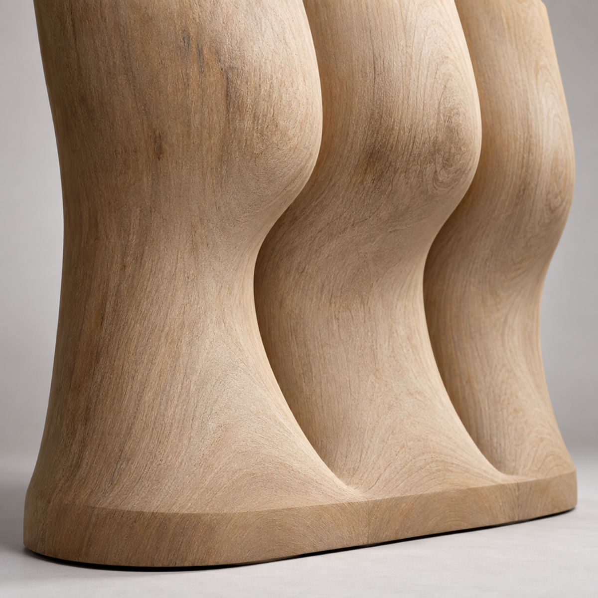 Lateral Drift, teak wood floor sculpture — wood grain and carved detail