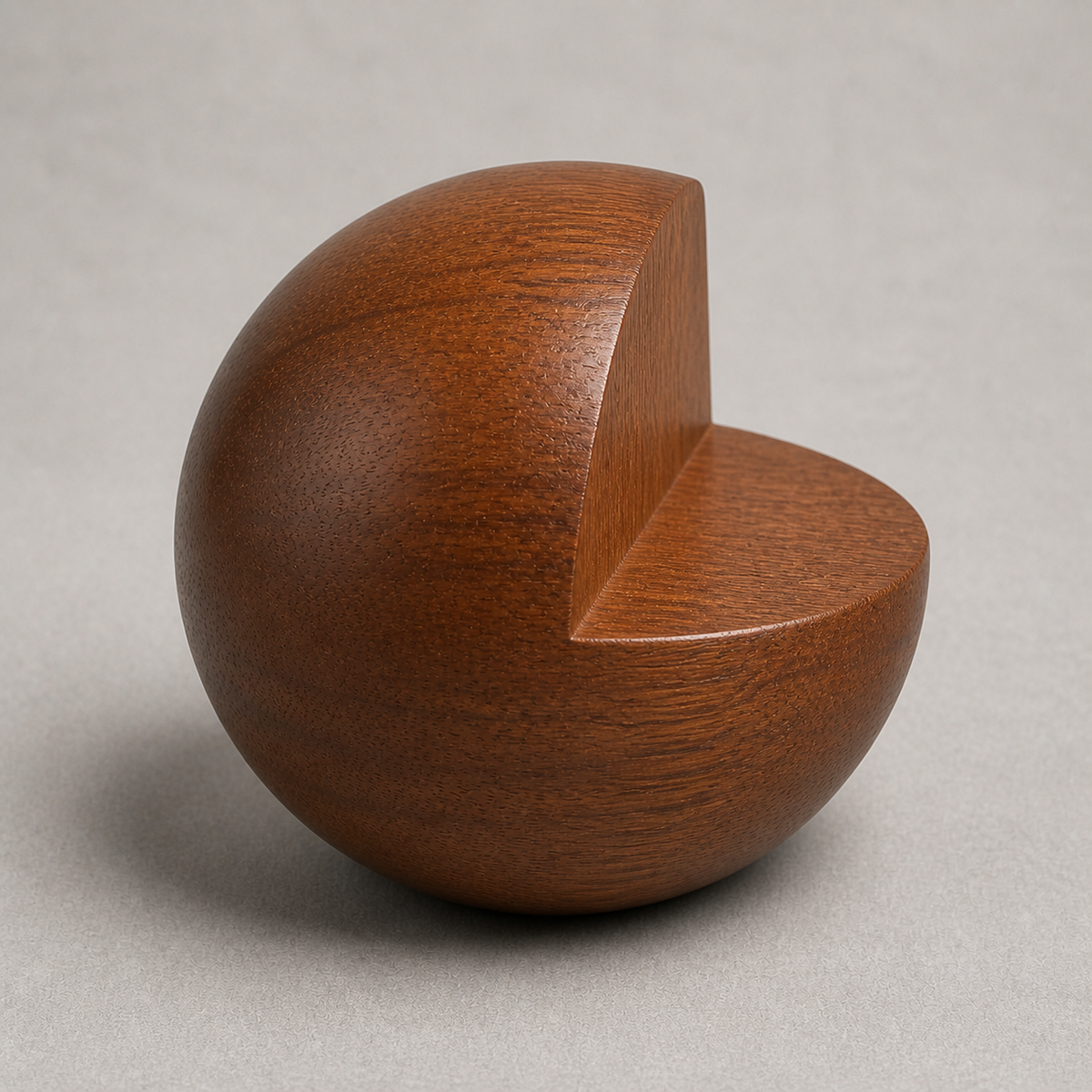 Notched Orb, teak wood tabletop sculpture — wood grain and carved detail