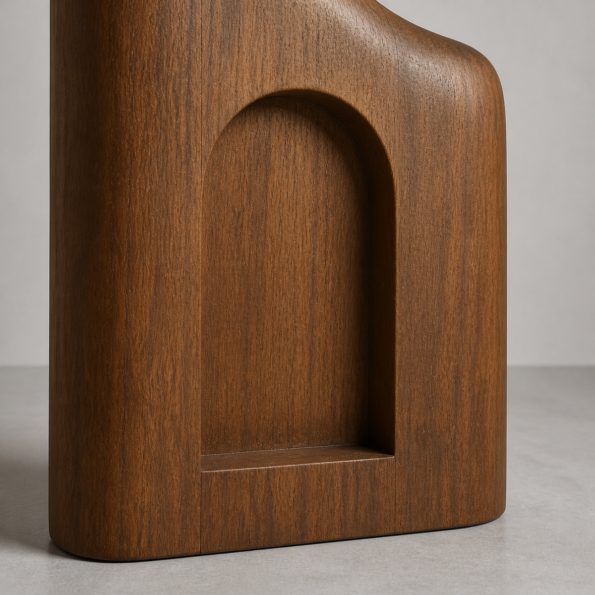 Vaulted Silence, teak wood floor sculpture — wood grain and carved detail