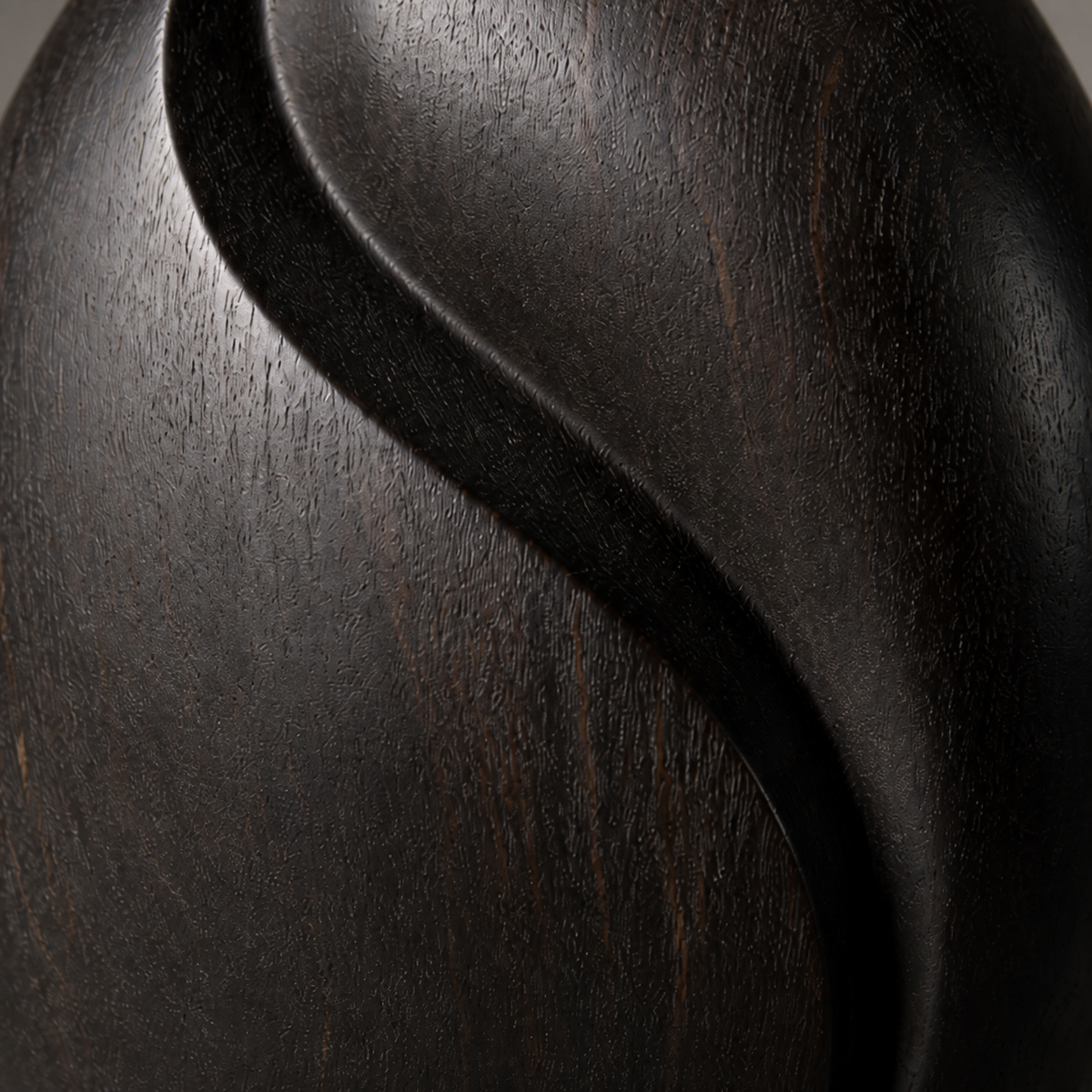 Folded Seed, abstract teak wood sculpture — wood grain and carved detail
