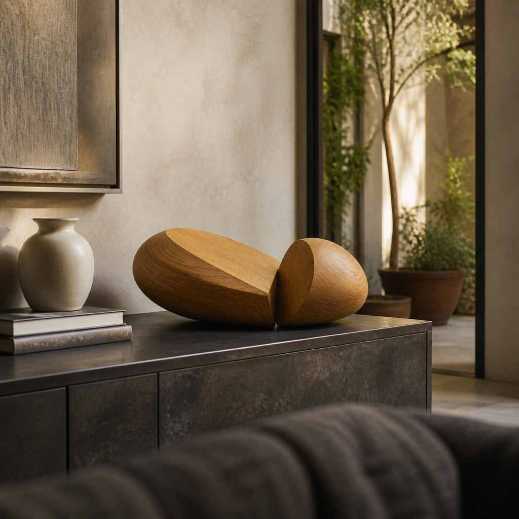 Nucleus Pair, teak wood tabletop sculpture — interior view