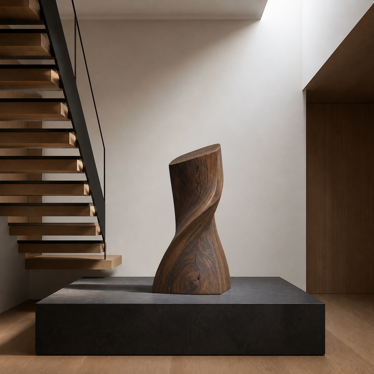 Quiet Torque, abstract teak wood sculpture — interior view